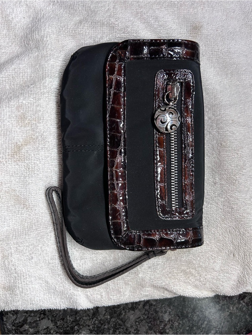 Brighton Black Wristlet Wallet with Dark Brown Croc Trim